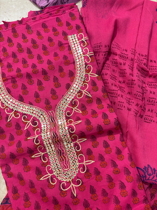 Thread Embroidered Cotton Block Printed Unstitched Suit Set