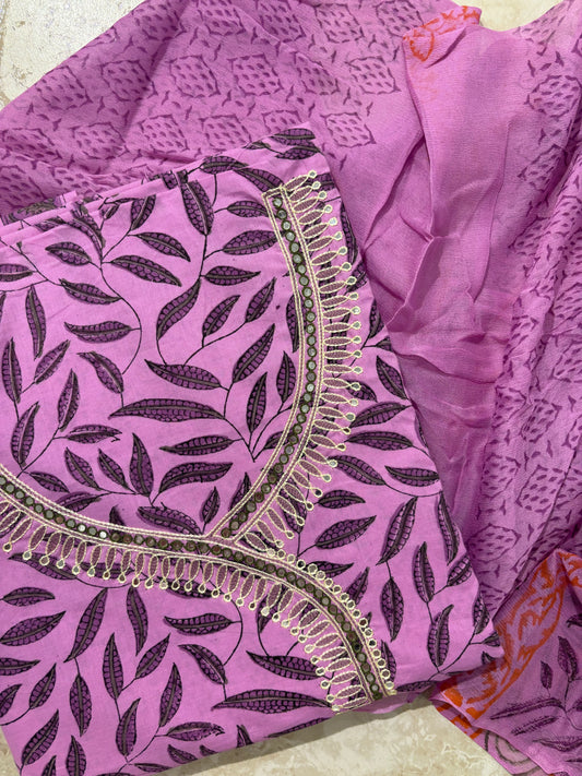 Thread Embroidered Cotton Block Printed Unstitched Suit Set