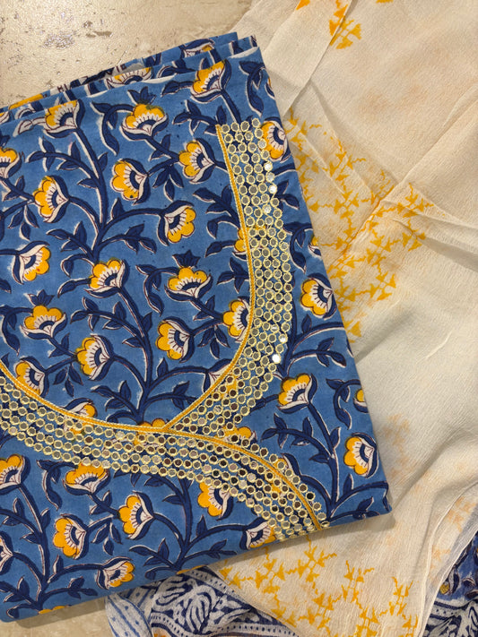 Thread Embroidered Cotton Block Printed Unstitched Suit Set