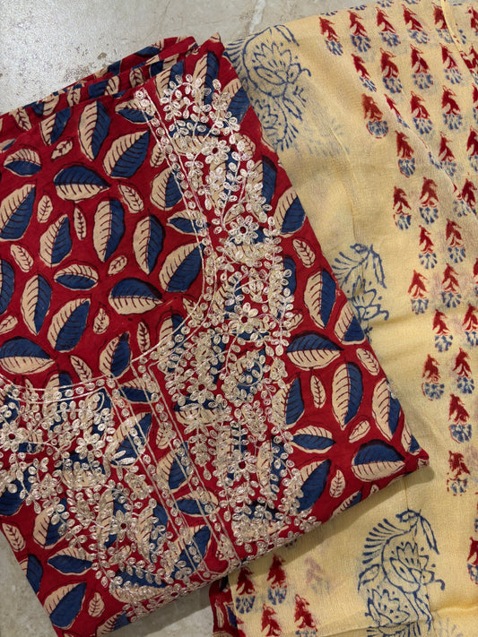 Premium Embroidered Cotton Block Printed Unstitched Suit Set