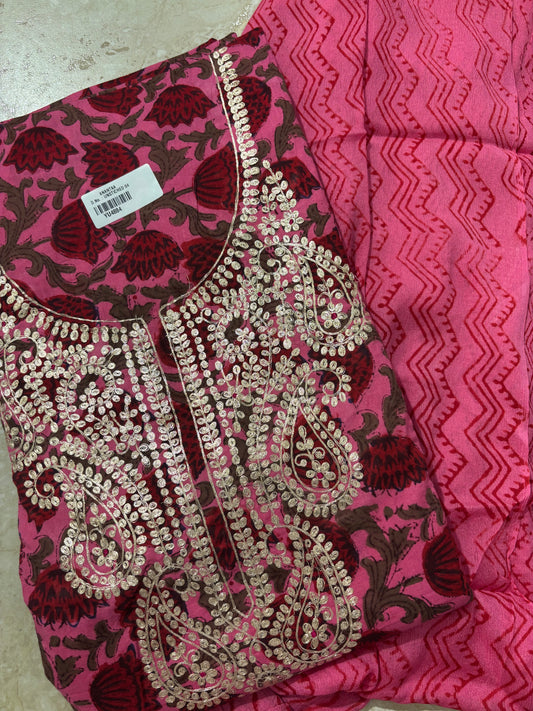 Gota Patti Cotton Block Printed Unstitched Suit Set