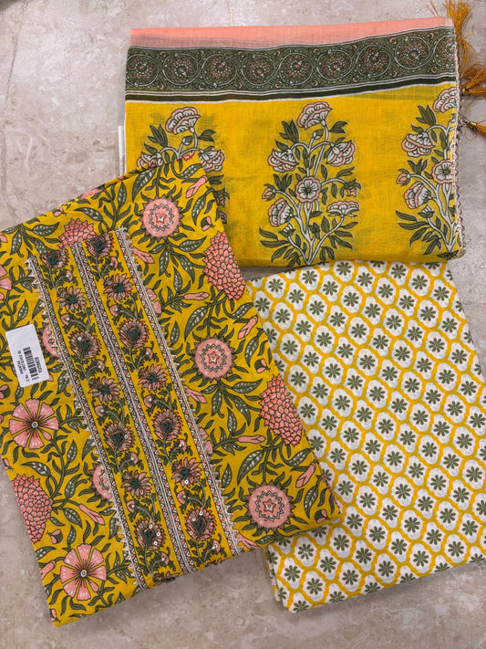 Embroidered Cotton Block Printed Unstitched Suit Set