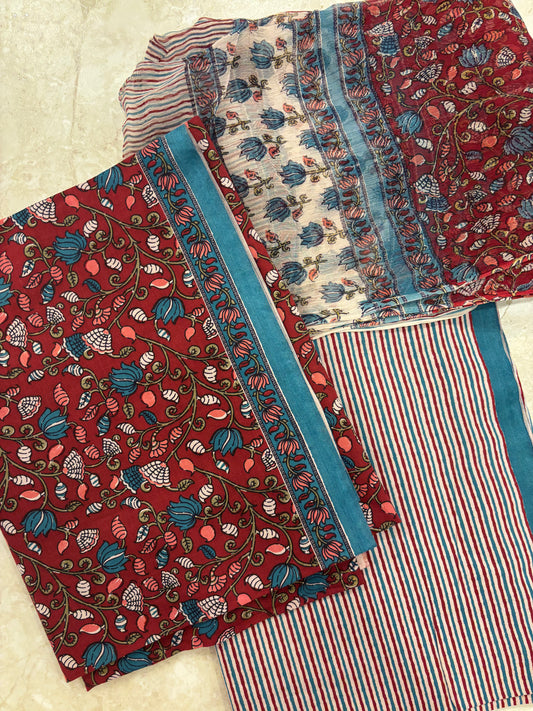 Cotton Block Printed Chiffon Dupatta Unstitched Suit Set