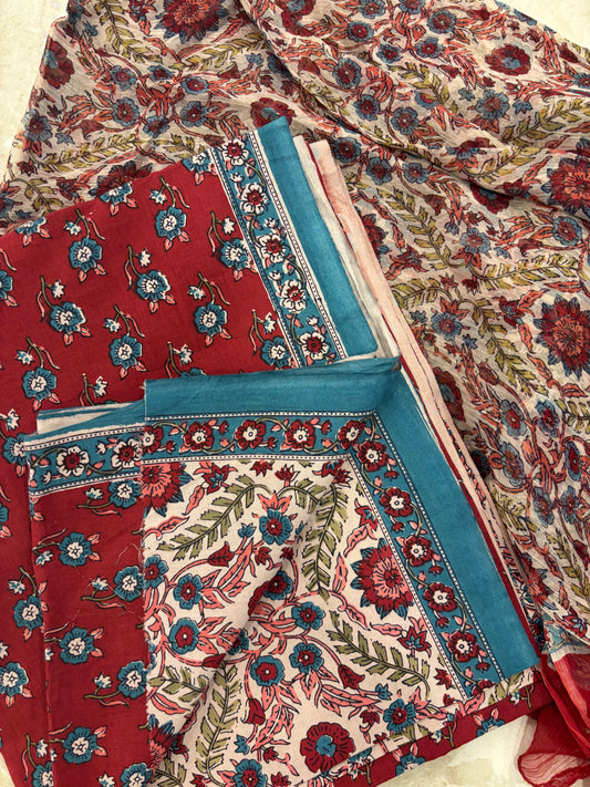 Cotton Block Printed Chiffon Dupatta Unstitched Suit Set