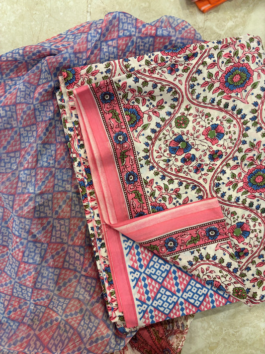 Cotton Block Printed Chiffon Dupatta Unstitched Suit Set