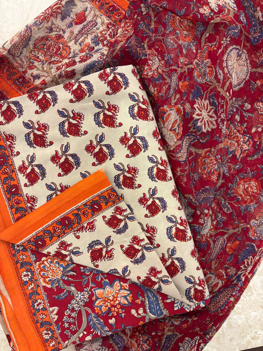 Cotton Block Printed Chiffon Dupatta Unstitched Suit Set