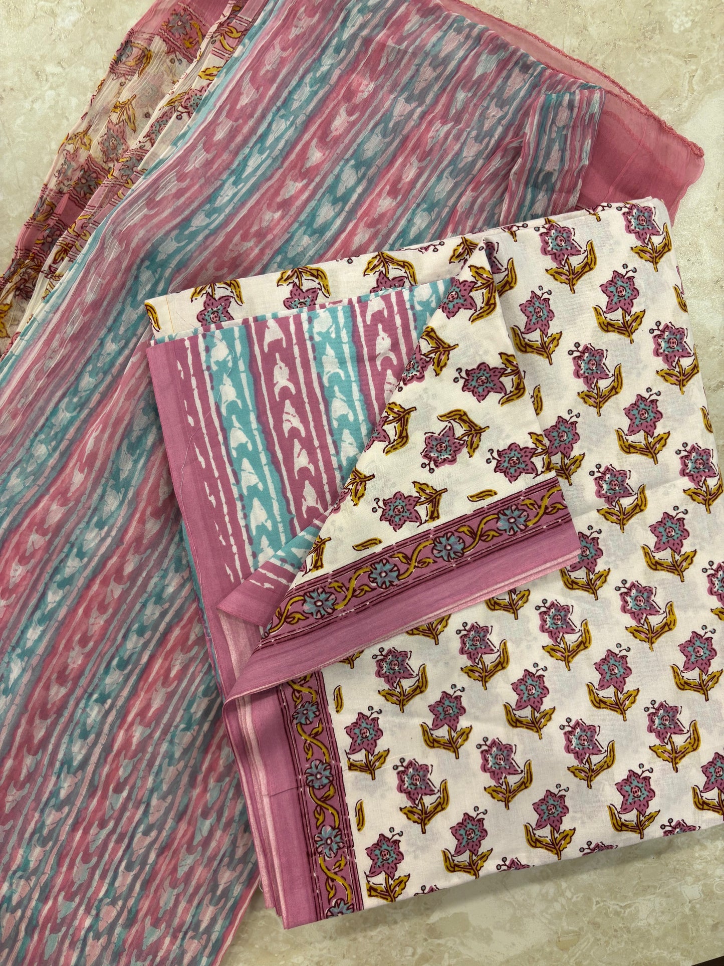 Cotton Block Printed Chiffon Dupatta Unstitched Suit Set