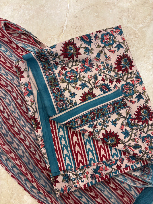 Cotton Block Printed Chiffon Dupatta Unstitched Suit Set