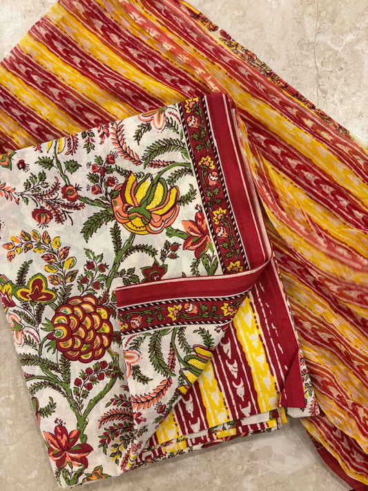 Cotton Block Printed Chiffon Dupatta Unstitched Suit Set