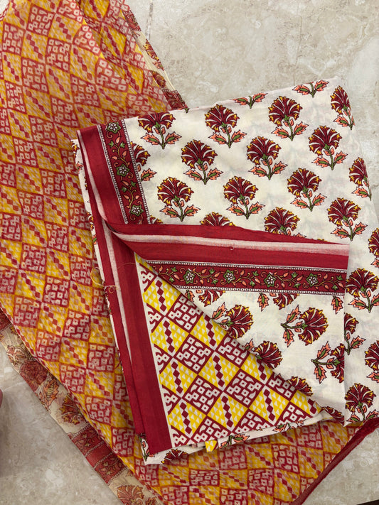 Cotton Block Printed Chiffon Dupatta Unstitched Suit Set