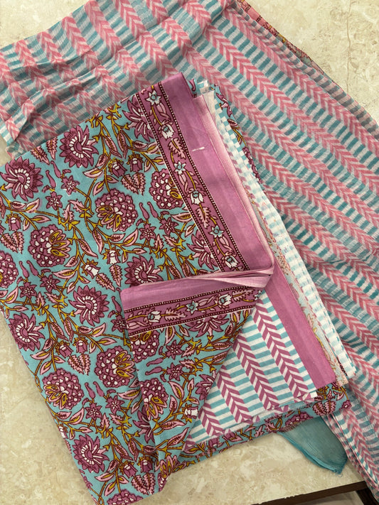 Cotton Block Printed Chiffon Dupatta Unstitched Suit Set