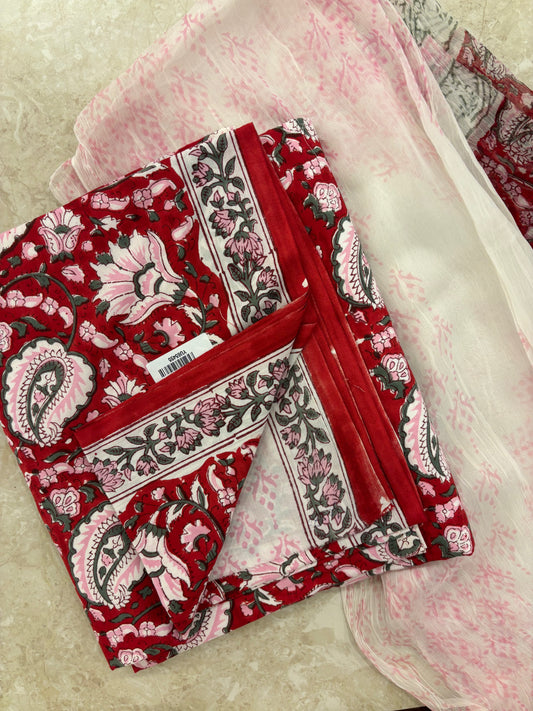 Cotton Block Printed Chiffon Dupatta Unstitched Suit Set