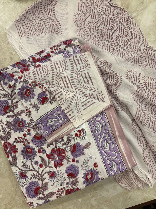 Cotton Block Printed Chiffon Dupatta Unstitched Suit Set