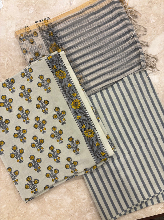 Kota Doriya Dupatta Cotton Block Printed Unstitched Suit Set