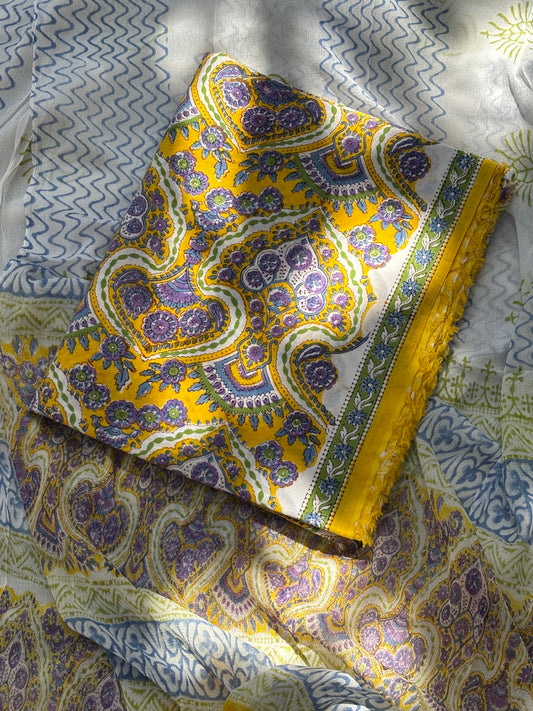 Cotton Block Printed Chiffon Dupatta Unstitched Suit Set