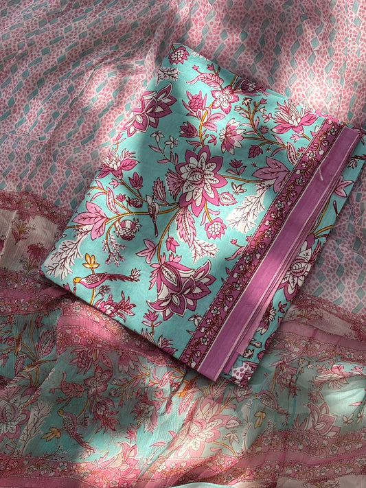 Cotton Block Printed Chiffon Dupatta Unstitched Suit Set