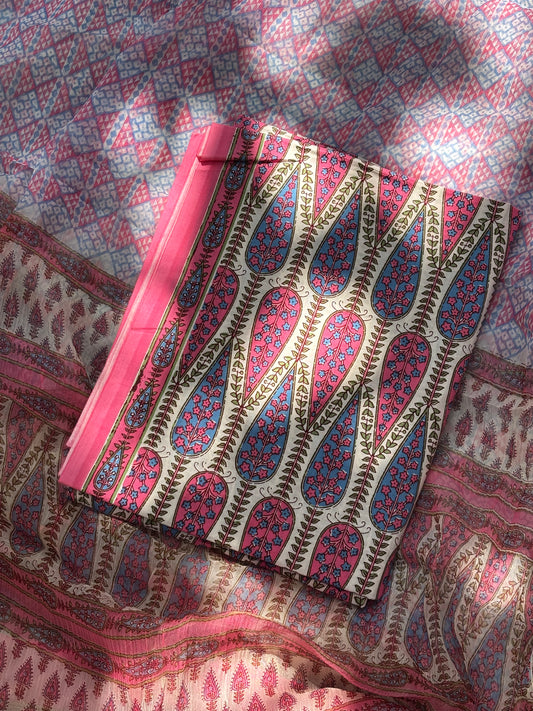 Cotton Block Printed Chiffon Dupatta Unstitched Suit Set
