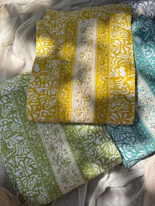 Embroidered Cotton Block Printed Unstitched Suit Set