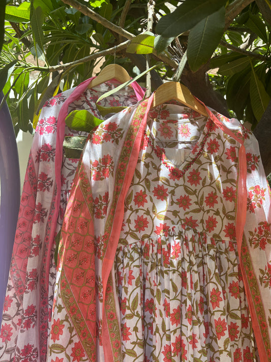 Floral Print Alia Cut Cotton Anarkali Suit Set