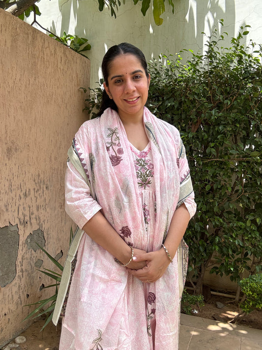 Floral Print Alia Cut Cotton Anarkali Suit Set