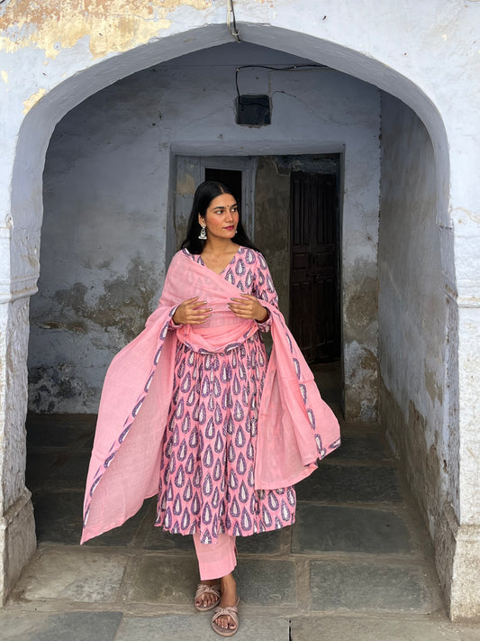 Pink Butta Print Pure Hand-block Anarkali Suit Set
