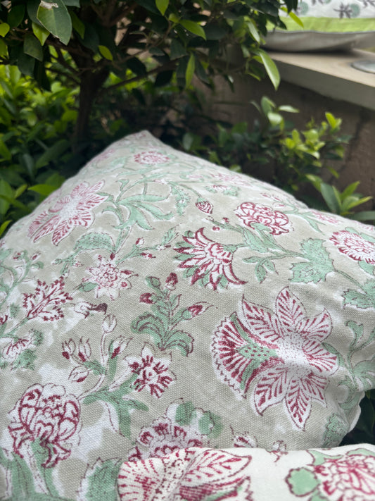 Beige Canvas Hand Block Printed Pure Cotton Cushion Cover