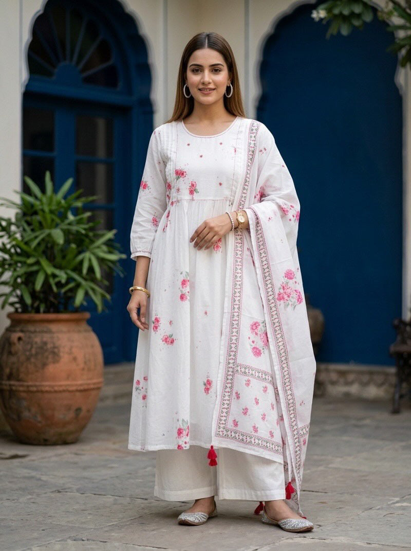 Mul Mul Cotton Floral A-Line Kurta Set with Lining