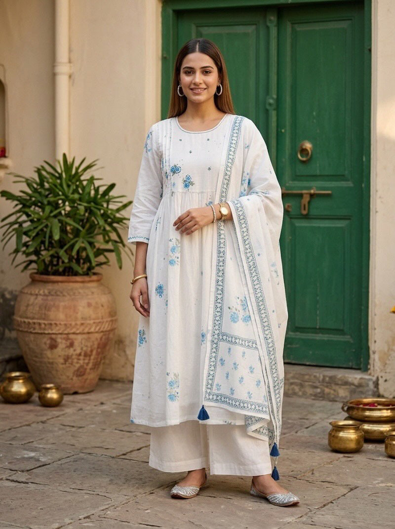 Mul Mul Cotton Floral A-Line Kurta Set with Lining