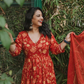 Red Floral Block Printed Anarkali Suit Set