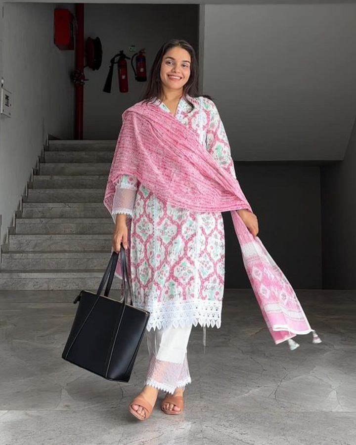 RFSS1144 - Muslin Silk Suit with Gray and Pink Shibori Print. Comes with Off-white muslin straight pants and chiffon Dupatta