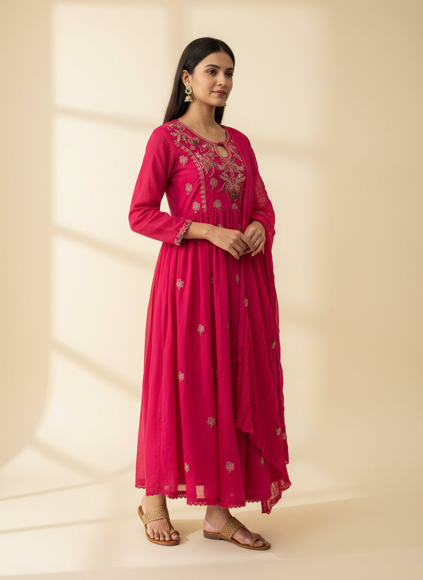 Mul Cotton Embroidered Anarkali Set