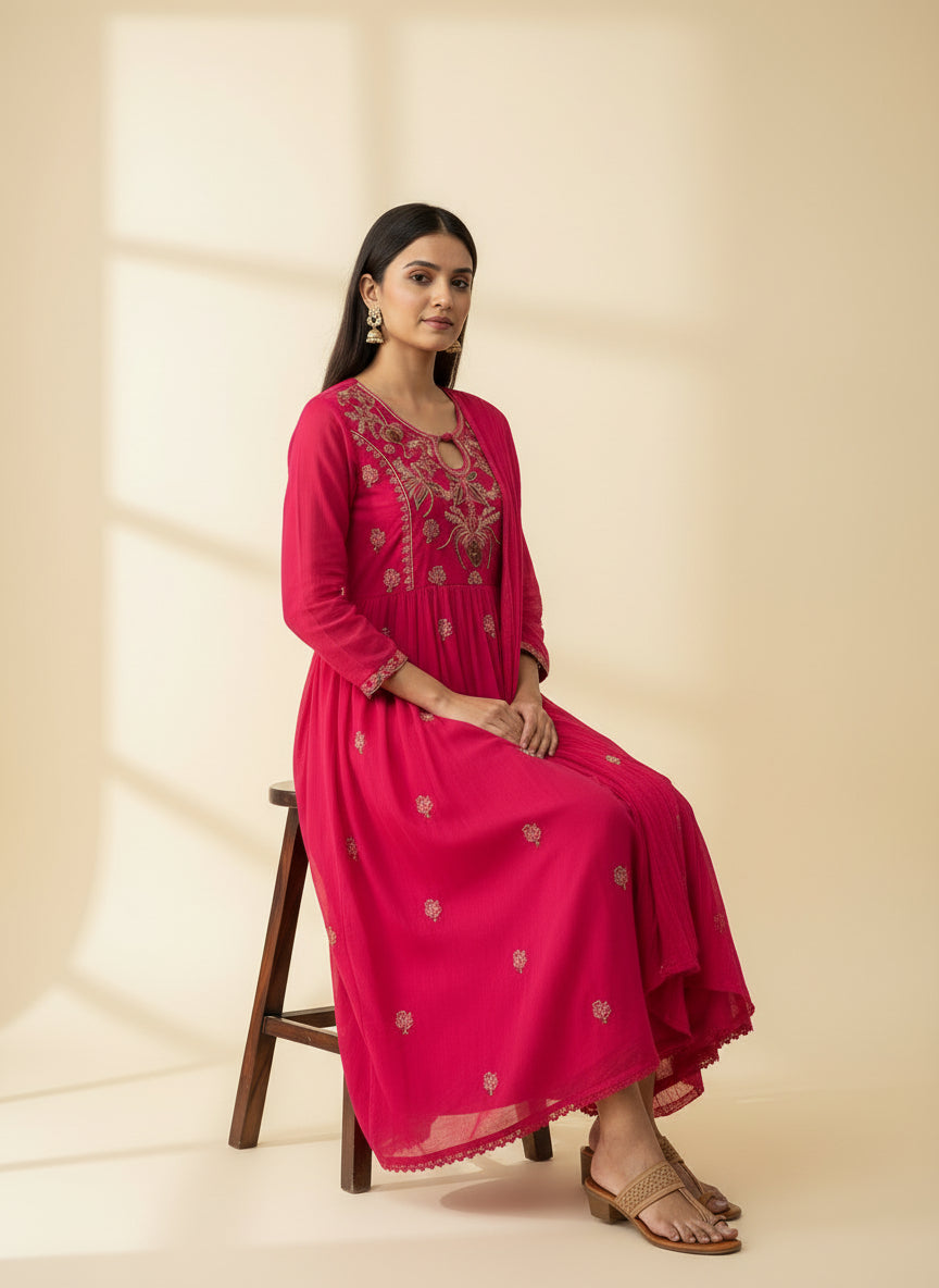 Mul Cotton Embroidered Anarkali Set
