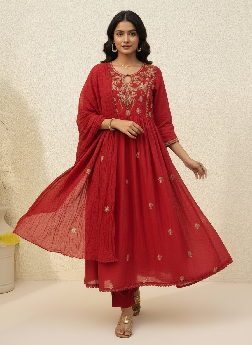 Mul Cotton Embroidered Anarkali Set