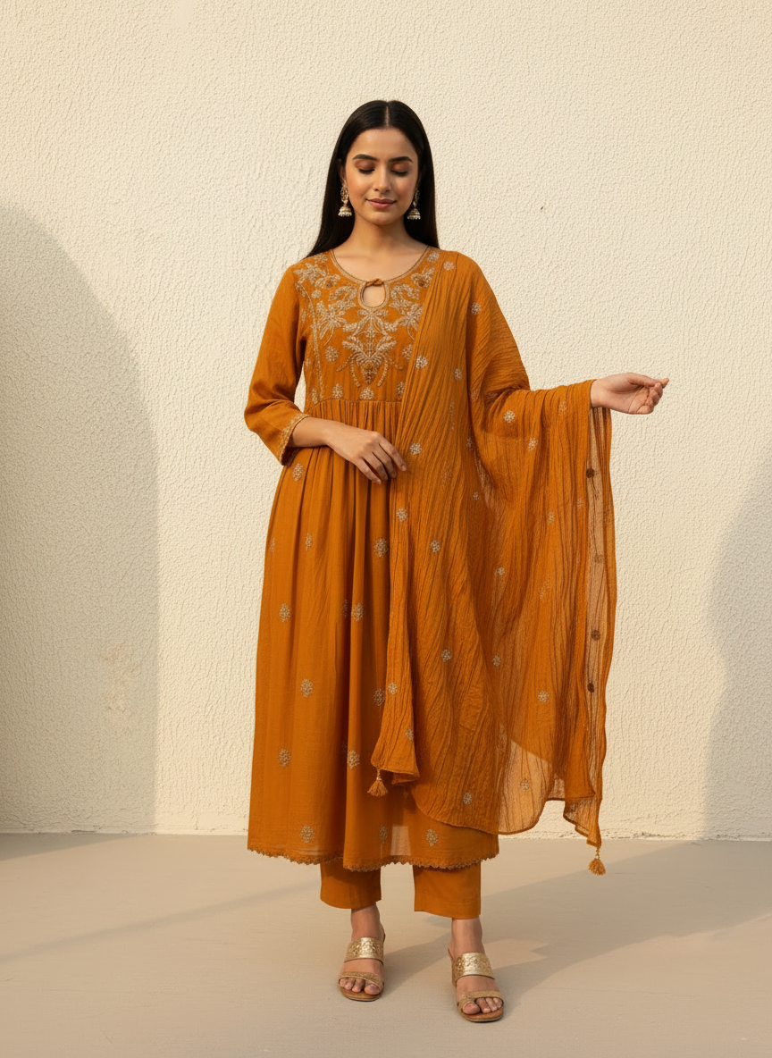Mul Cotton Embroidered Anarkali Set