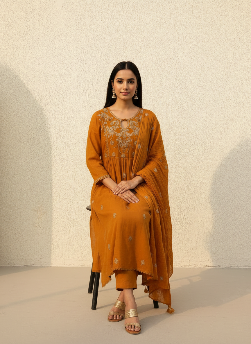 Mul Cotton Embroidered Anarkali Set