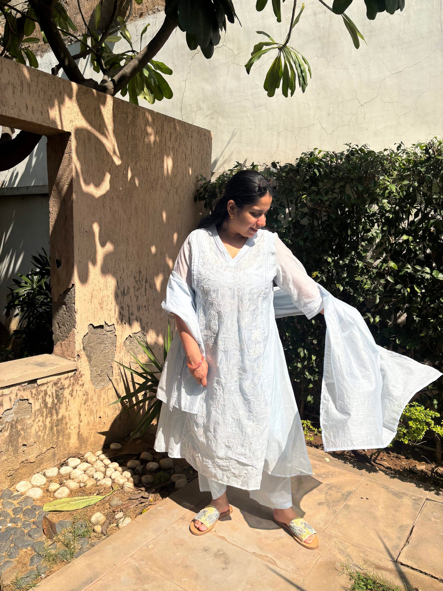 Mul Chanderi A-Line Kurta Set with Elegant Thread Embroidery (Light Blue)