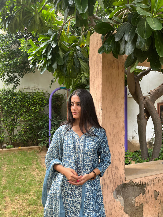 Blue/Purple Printed Cotton Anarkali Suit Set with Printed Cotton Dupatta