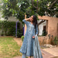 Blue/Purple Printed Cotton Anarkali Suit Set with Printed Cotton Dupatta