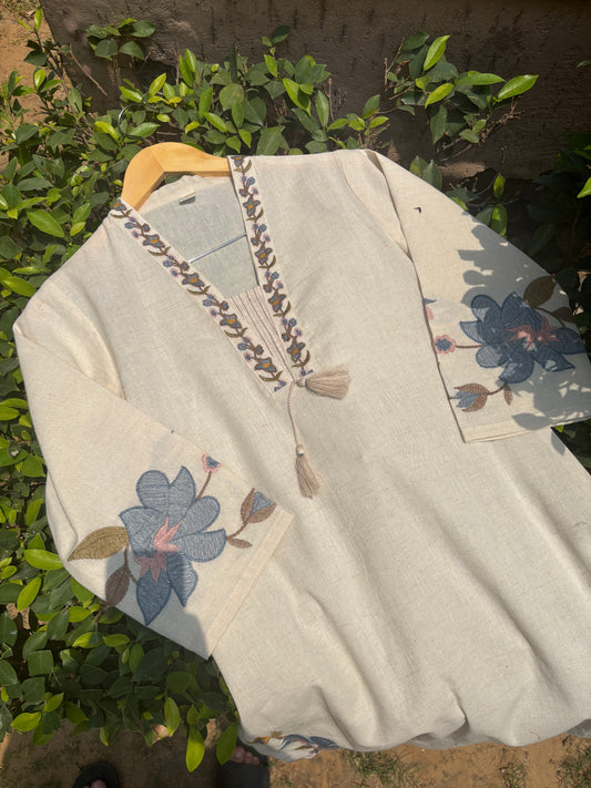Floral Embroidered V-neck Cotton Straight Suit Set
