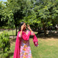 Pink Floral Printed V-neck Cotton Straight Suit Set