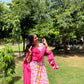 Pink Floral Printed V-neck Cotton Straight Suit Set