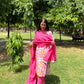 Pink Floral Printed V-neck Cotton Straight Suit Set