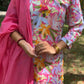 Pink Floral Printed V-neck Cotton Straight Suit Set