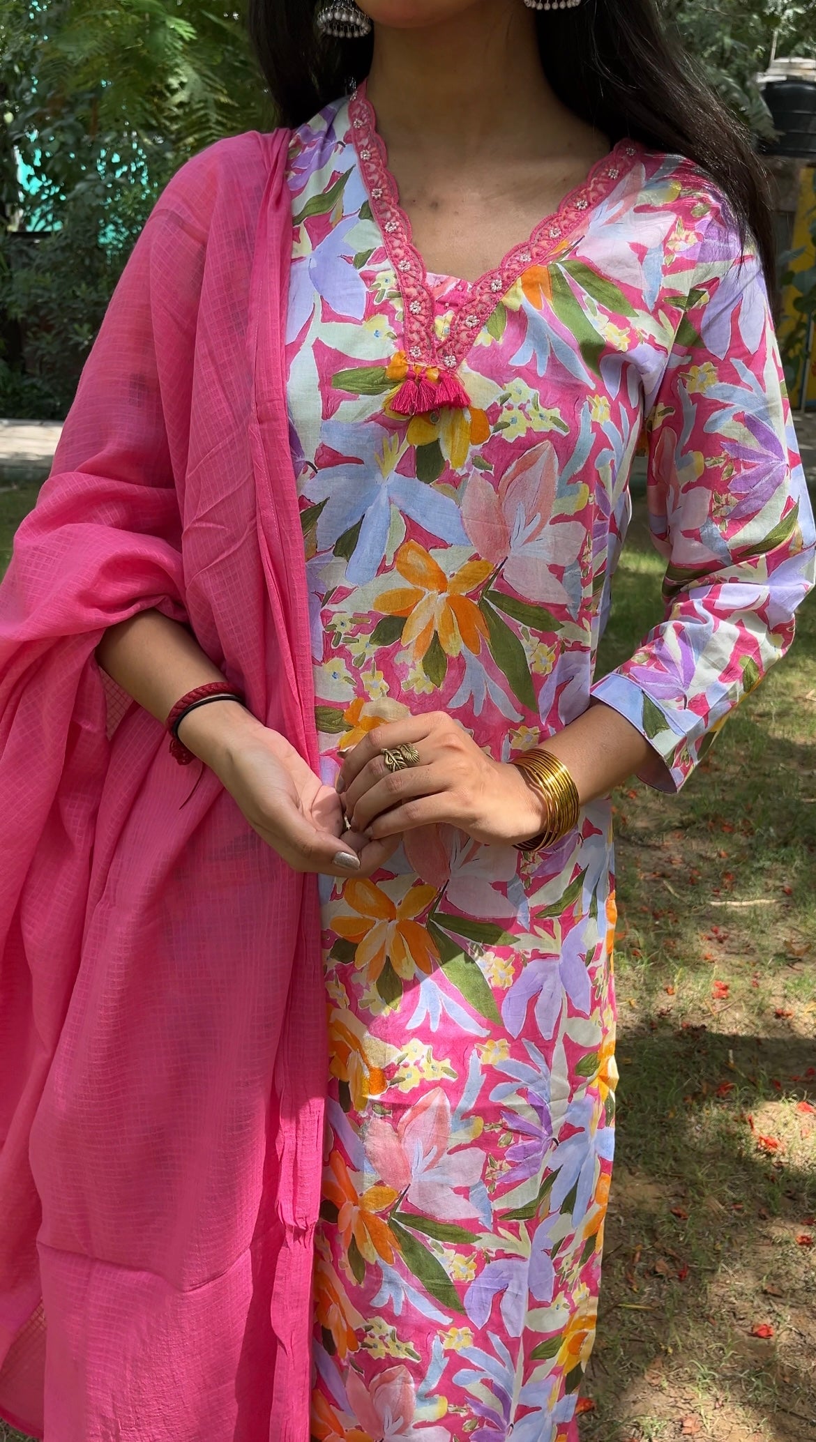 Pink Floral Printed V-neck Cotton Straight Suit Set