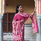 Pink Printed V-neck Cotton Straight Suit Set