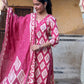 Pink Printed V-neck Cotton Straight Suit Set