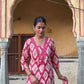 Pink Printed V-neck Cotton Straight Suit Set