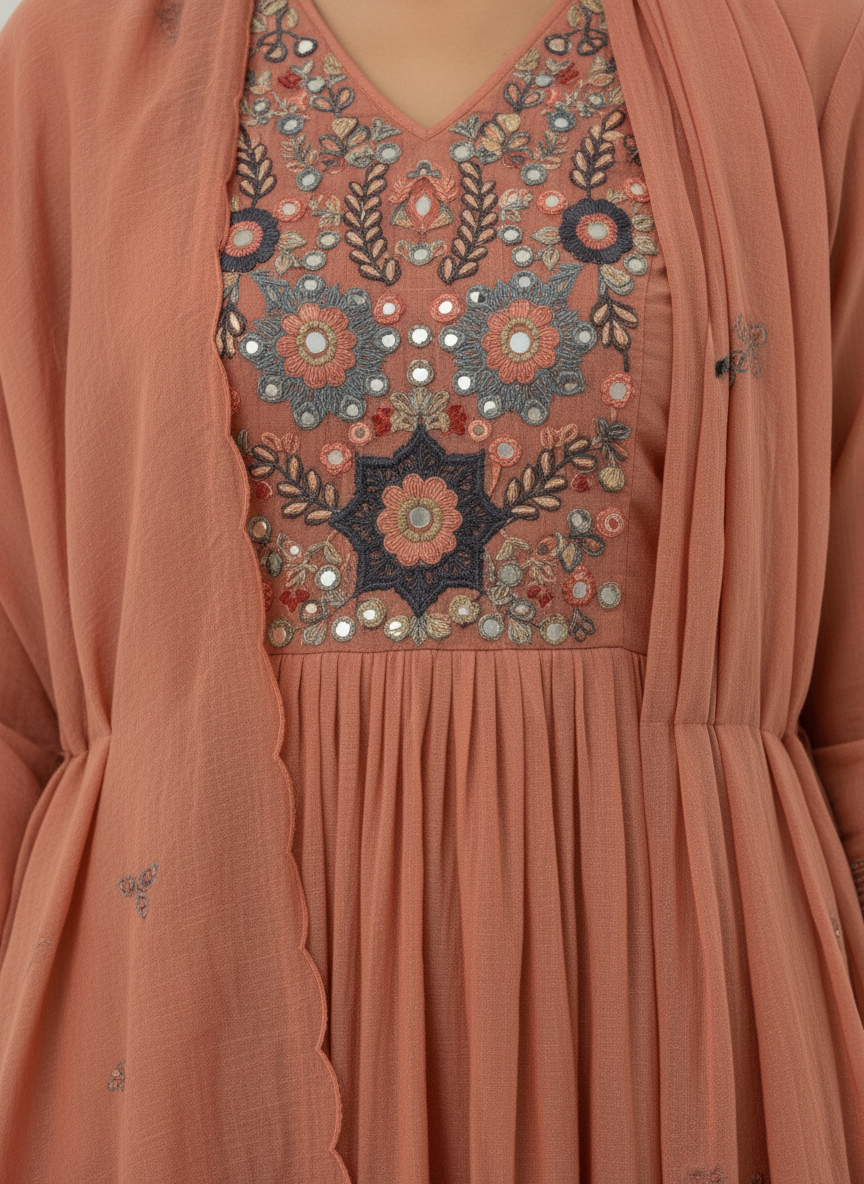 Rust Mul Chanderi A-Line Kurta Set