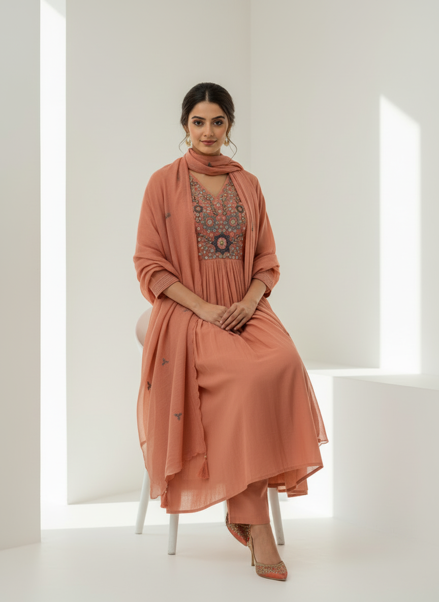 Rust Mul Chanderi A-Line Kurta Set