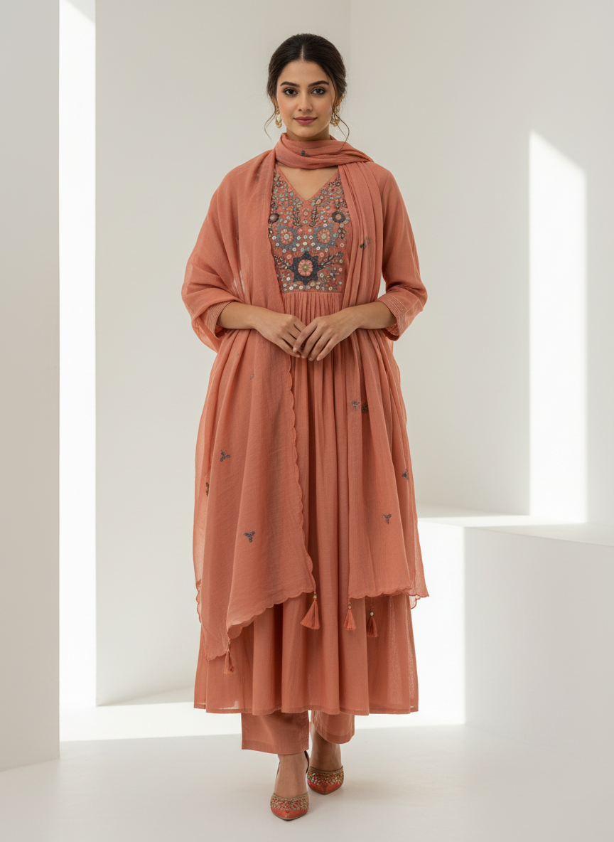 Rust Mul Chanderi A-Line Kurta Set